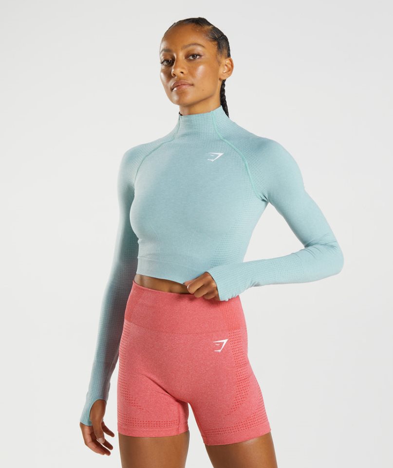 Women\'s Gymshark Vital Seamless 2.0 High Neck Midi Cropped Tops Light Blue | CA 83A056